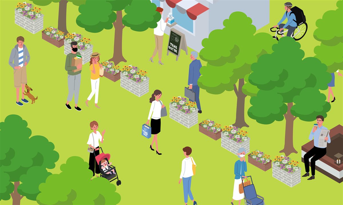 街なかでそれぞれの暮らしを送る人たちのイラスト